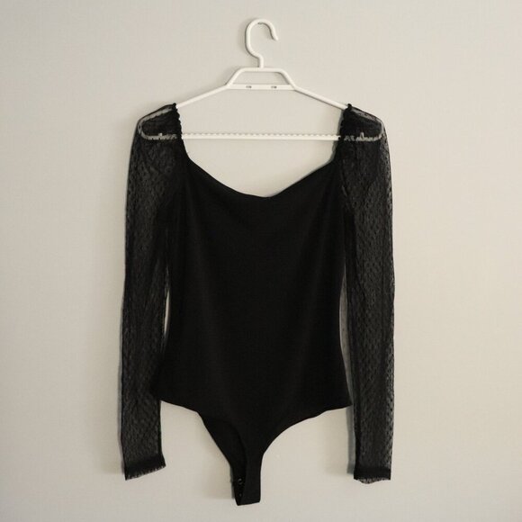 Dynamite Women's Black Sz M Mesh Long Sleeve Square/V-Neck Stretch Bodysuit - Picture 2 of 11